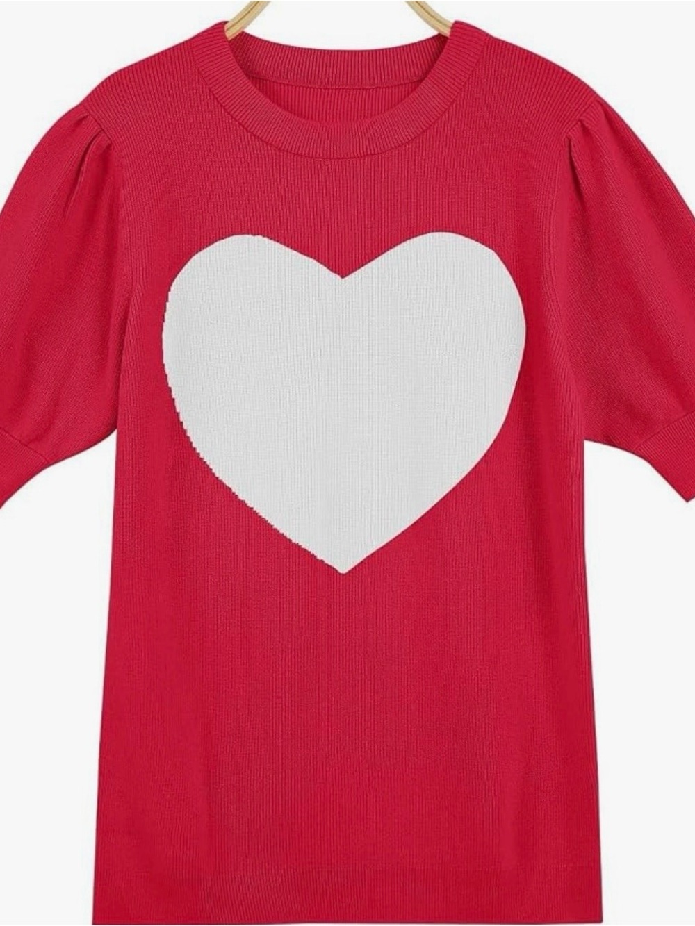 Women’s Red Short Puff-Sleeve Sweater Top with White Heart